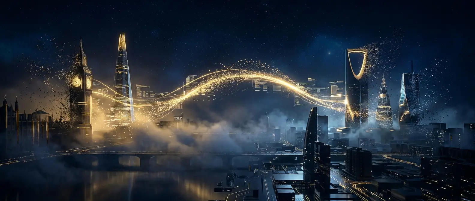 London and Riyadh skylines connected by a glowing golden arc across a night sky